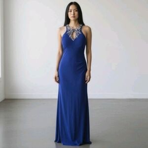 Blue Beaded Maxi Dress Sz 12 Sequin Ruched Stretch Halter Party Prom